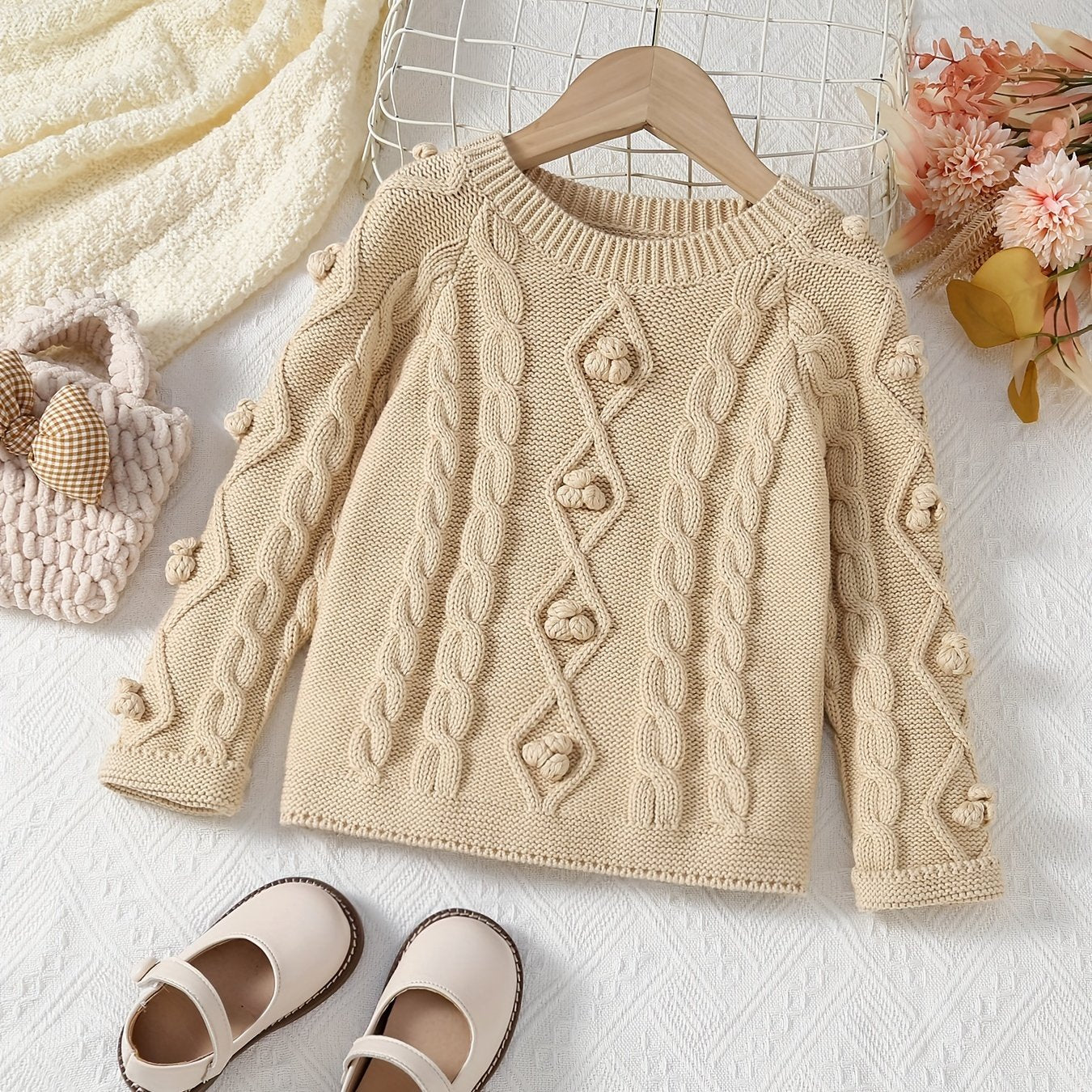 Cute Girls Sweater with Stylish Fur Ball Shape