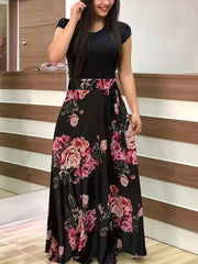 Women's Plus Floral Print High Waist Cap Sleeve Maxi Dress