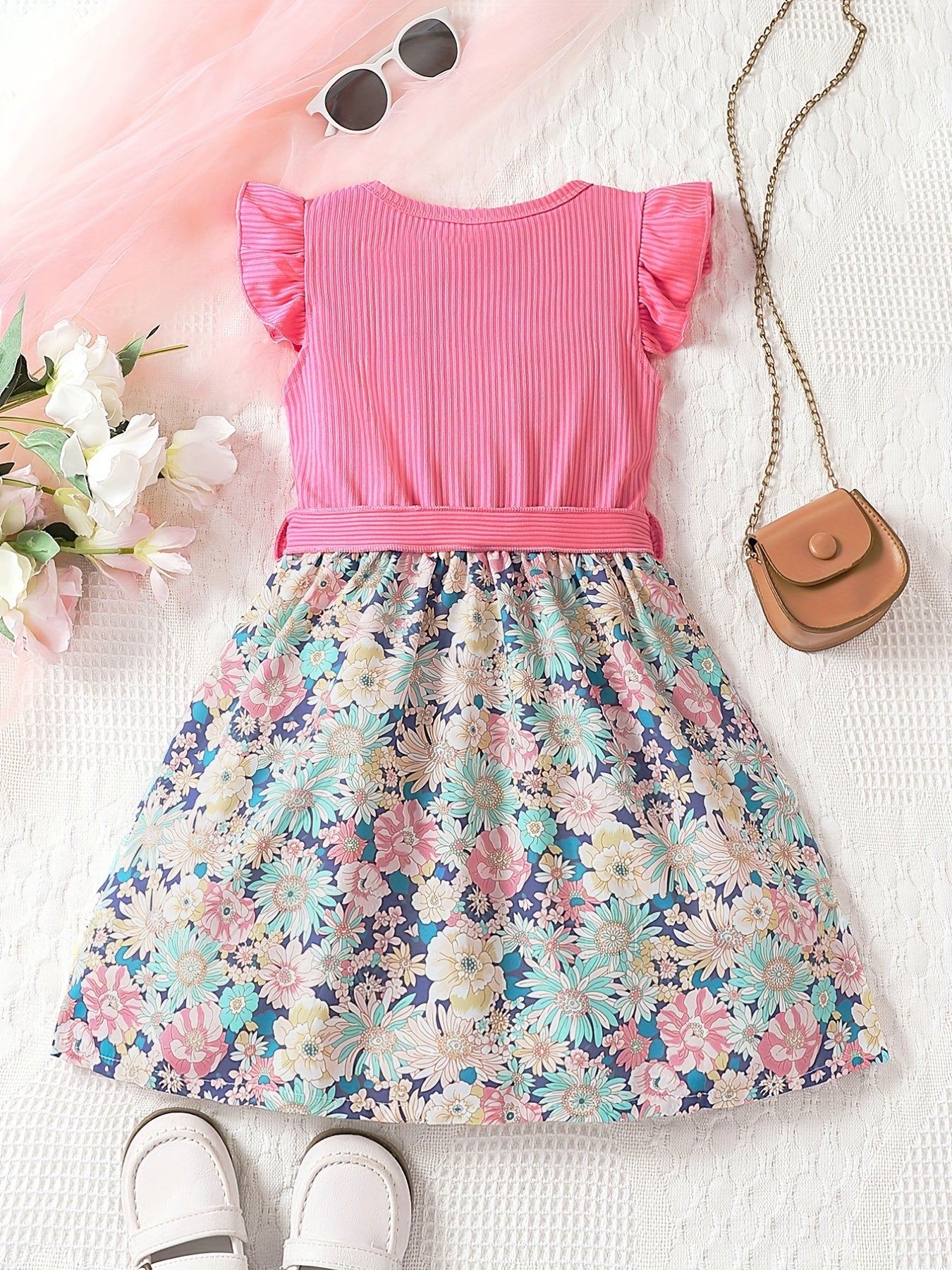 Toddler Girls Ruffle Trim Flowers Graphic Belted Spliced Princess Dress