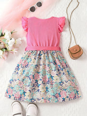 Toddler Girls Ruffle Trim Flowers Graphic Belted Spliced Princess Dress