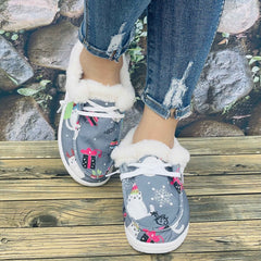 Christmas Women's Flat Cat Print Snow Boots Slip On