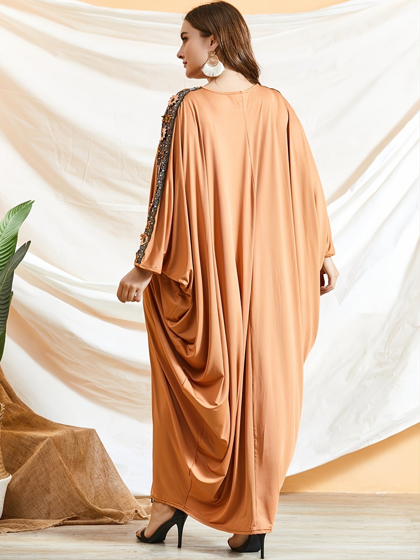 Tribal Abaya Dress Women's Plus Floral Appliques Batwing Sleeve