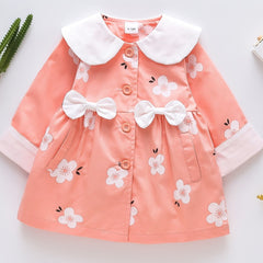Baby Girls Lapel Jacket Flowers Print Button Bow Decor Coat