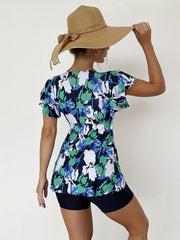 Ruffle Tankini Set V Neck Tie Front Swimsuit