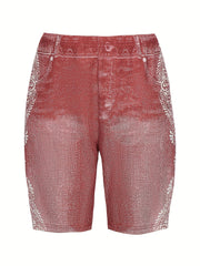 Denim & Lace Print High Rise Skinny Shorts