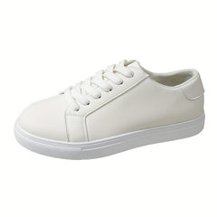 Solid Faux Leather Flat Skate Shoes Low Cut Lace Up Sneakers