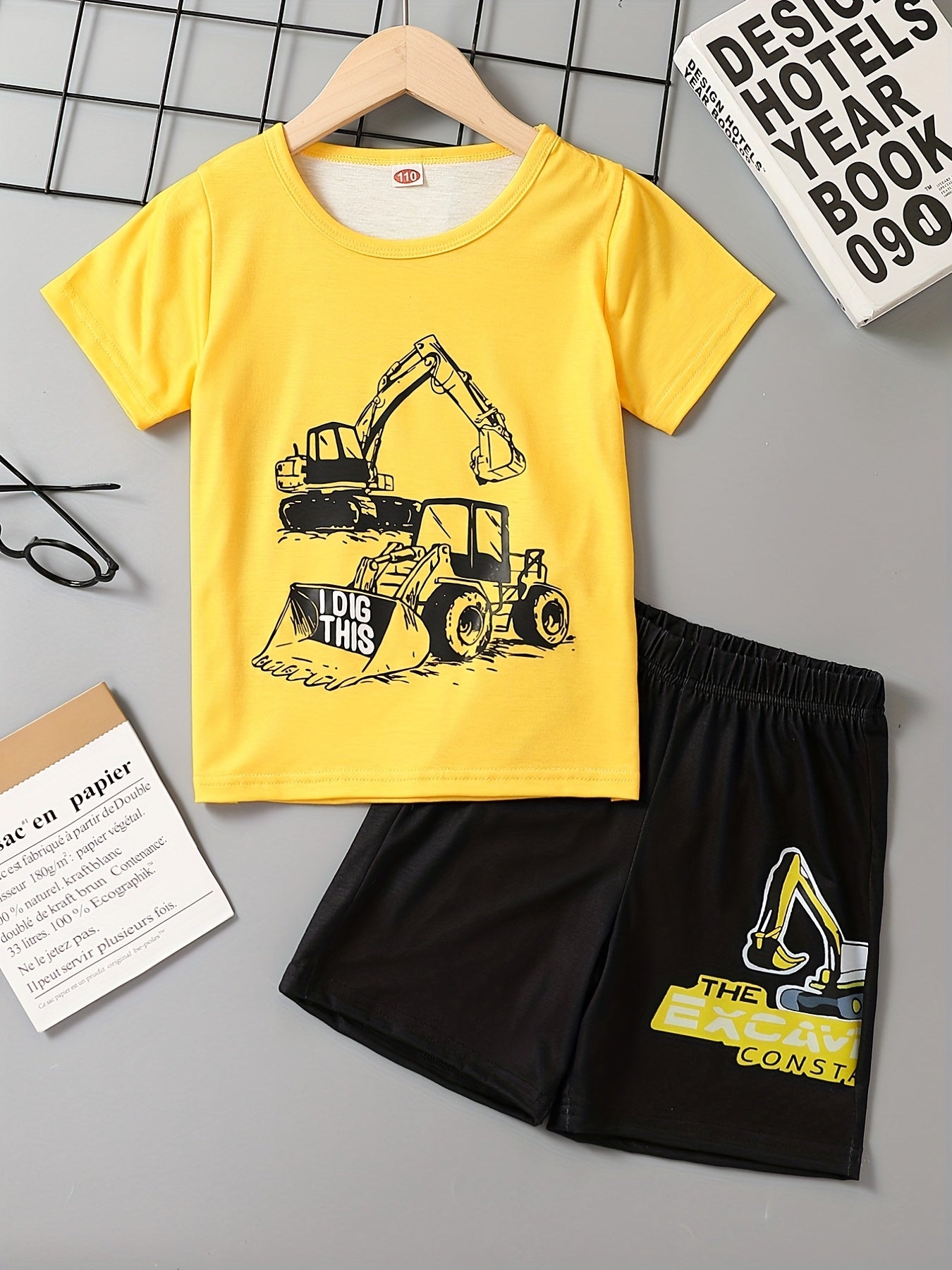 Excavator Print Casual Outfit T-shirt & Shorts Set for Boys