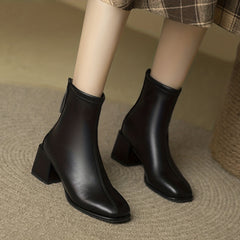 Women's Chunky Heel Boots Solid Square Toe Back Zipper Casual Shoes