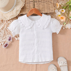 Girls Puff Sleeve Button Collared Blouse