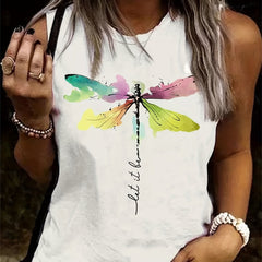 Dragonfly Print Tank Top Sleeveless Crew Neck Casual Tops