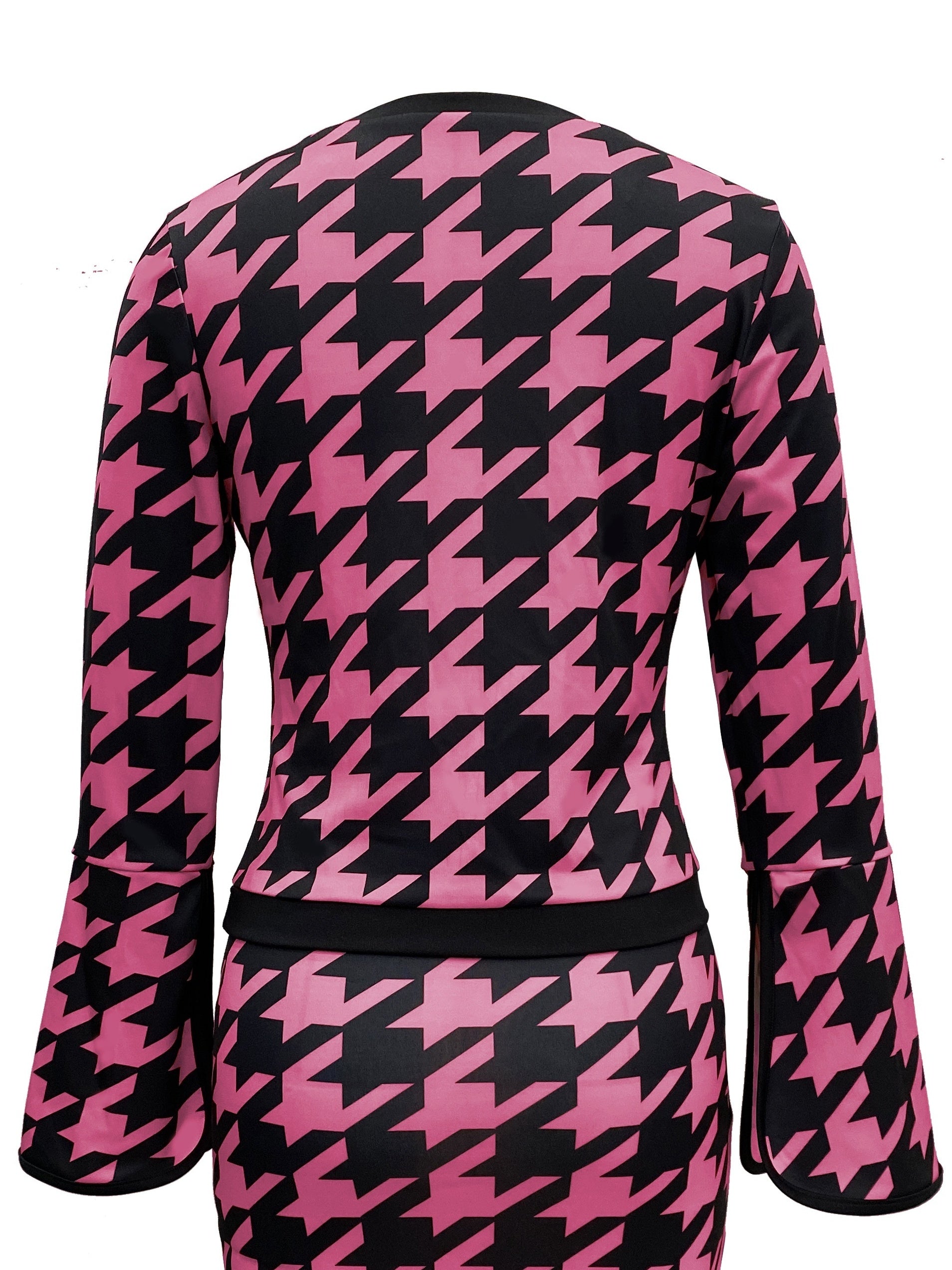 Houndstooth Print 2pc Set Split Sleeve Tops & Bag Hip Skirts