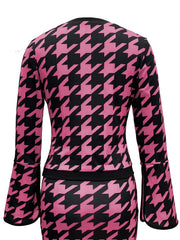 Houndstooth Print 2pc Set Split Sleeve Tops & Bag Hip Skirts
