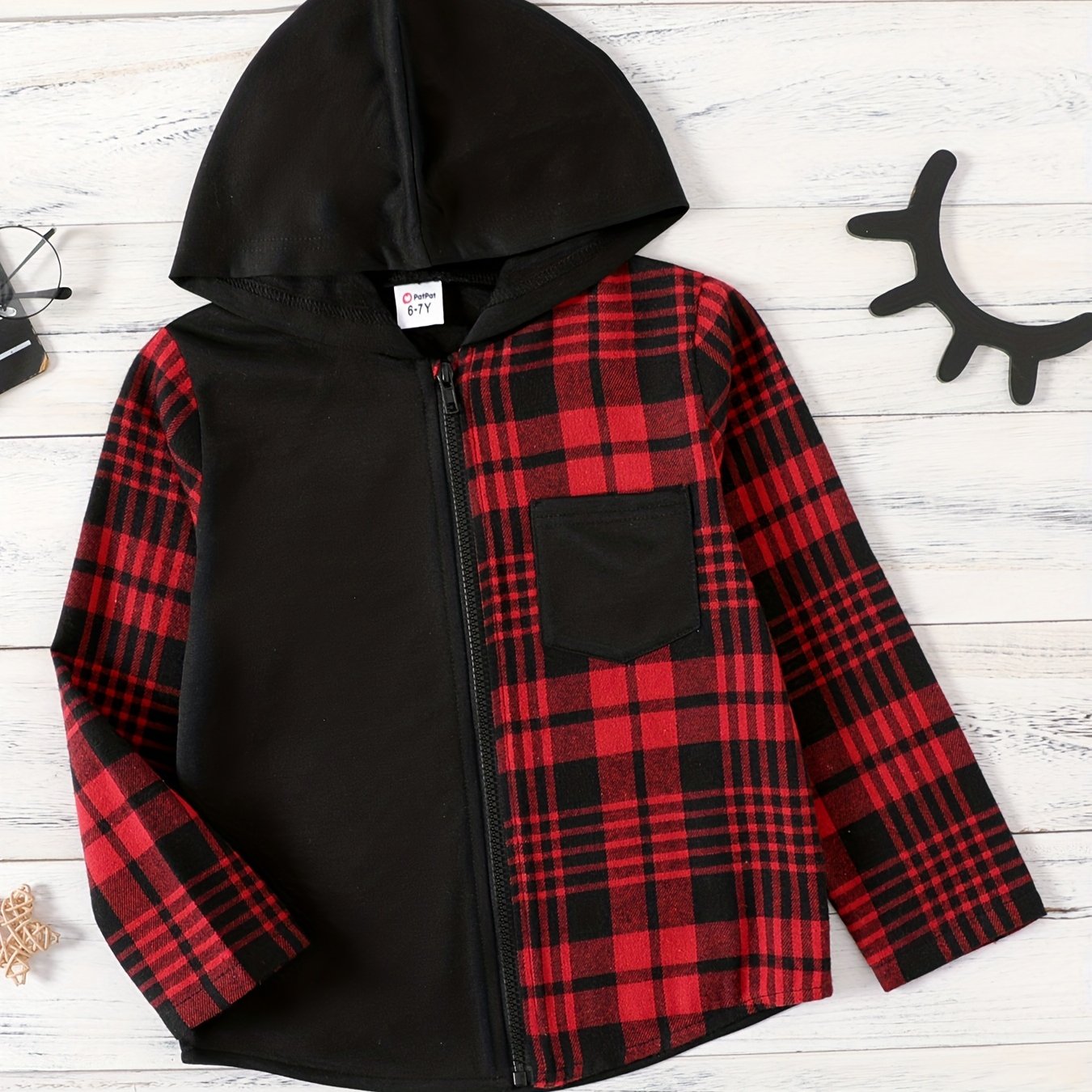 Boys Plaid Hooded Jacket Zip Up Long Sleeve