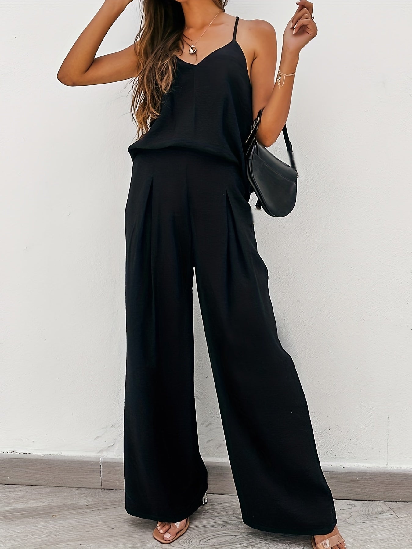 Casual Solid Cami Tops & Long Pants Suits Women's Clothing