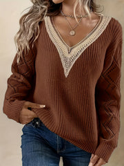 Colorblock Lace Long Sleeve V Neck Sweater