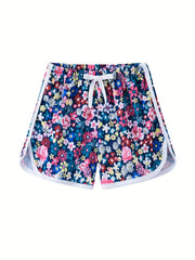 Girls Floral Print Drawstring Pants Summer Sport Shorts