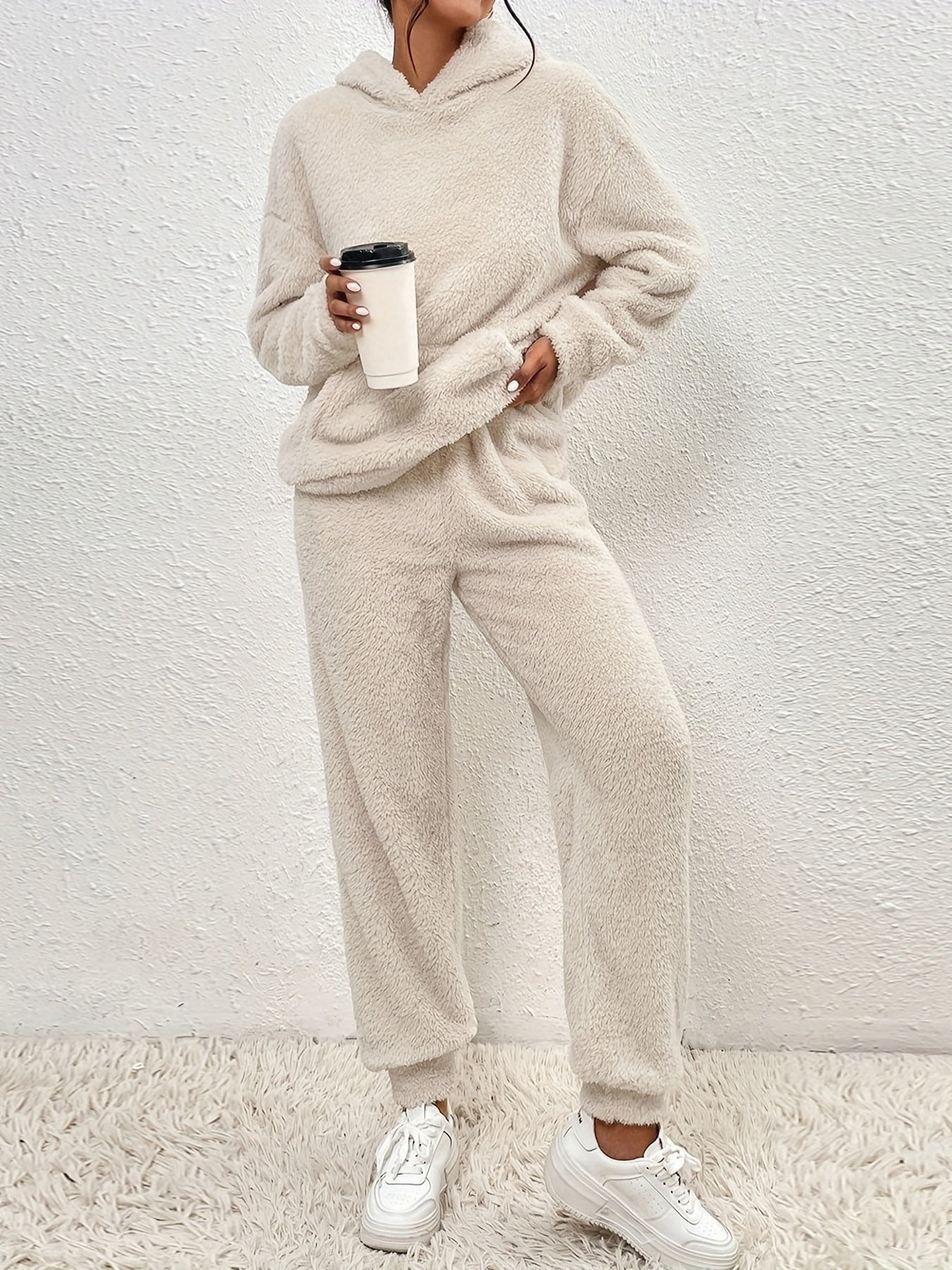 Solid Teddy Two piece Set Long Sleeve Hooded Tops & Warm Pants Outfits