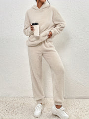 Solid Teddy Two piece Set Long Sleeve Hooded Tops & Warm Pants Outfits