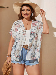 Floral Print Batwing Sleeve Kimono Cardigan Semi Sheer Chiffon Coverup
