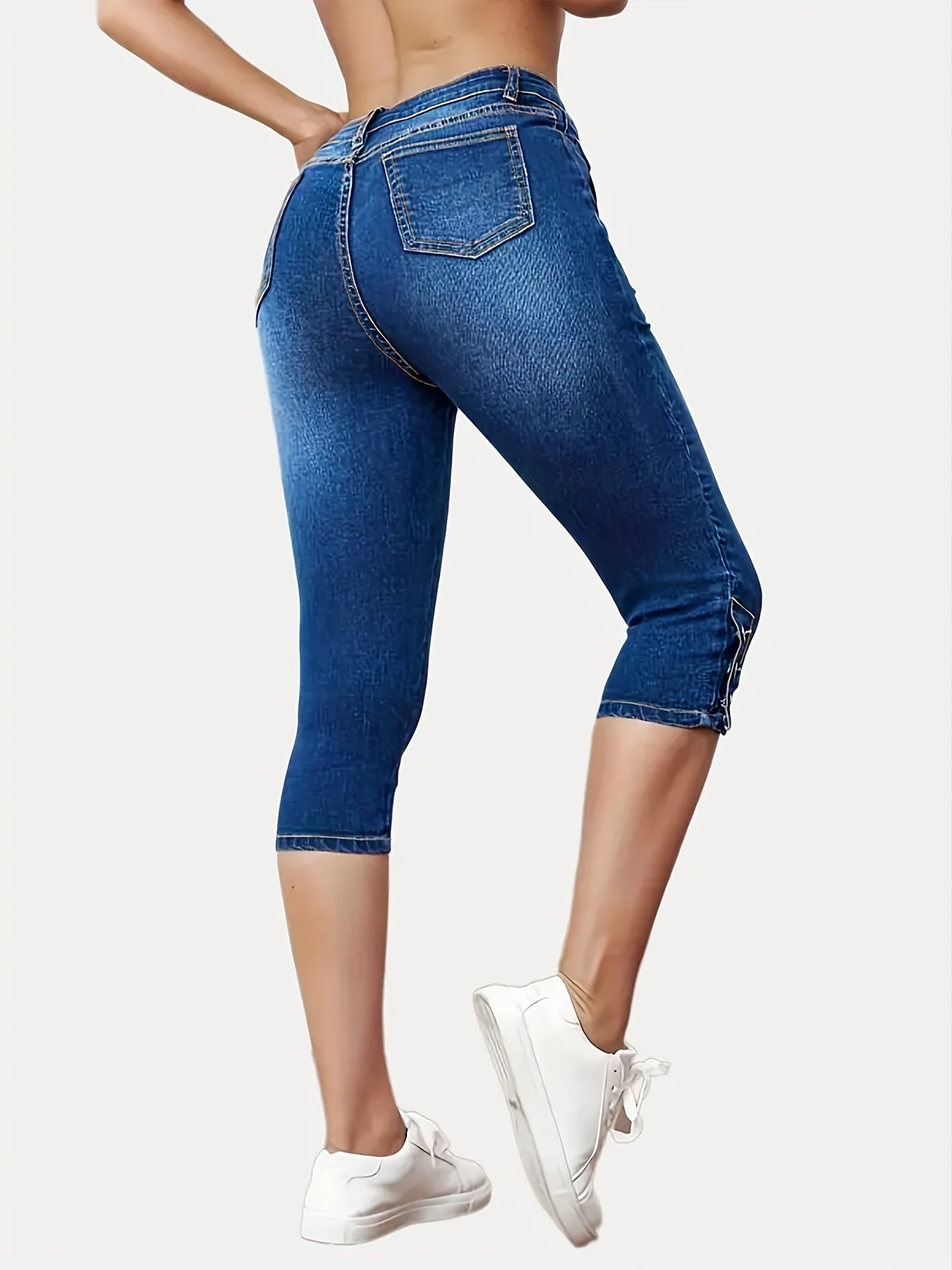 High Waist Capris Denim Jeans Single Breasted Button Slim Fit Casual Denim