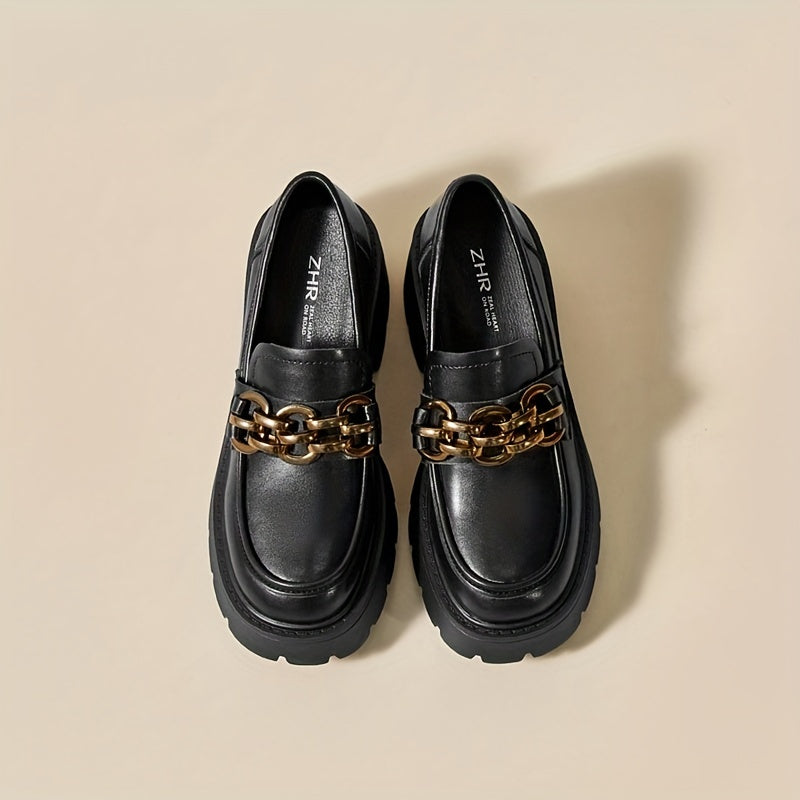 Chain Decor Chunky Heel Loafers Closed Toe Slip On Shoes Women's Walking Shoes
