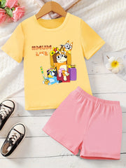 Girl's Dog Print 2pcs T-shirt & Shorts Set MUM LIFE Print Outfits