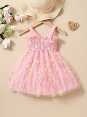 Baby Girls Daisy Graphic Print Thin Strap Mesh Dress Clothes For Summer