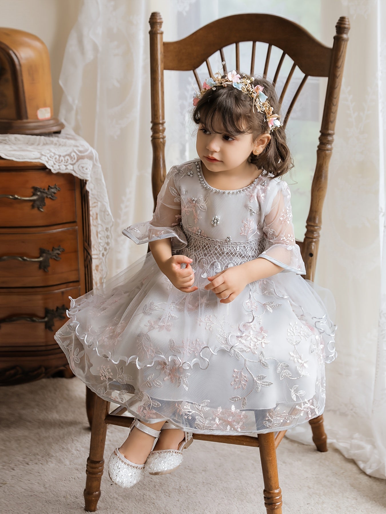 Girls Princess Embroidered Tulle Dress Puffy Birthday Wedding Gown