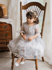 Girls Princess Embroidered Tulle Dress Puffy Birthday Wedding Gown