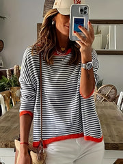 Striped Print Crew Neck Knit Sweater Long Sleeve