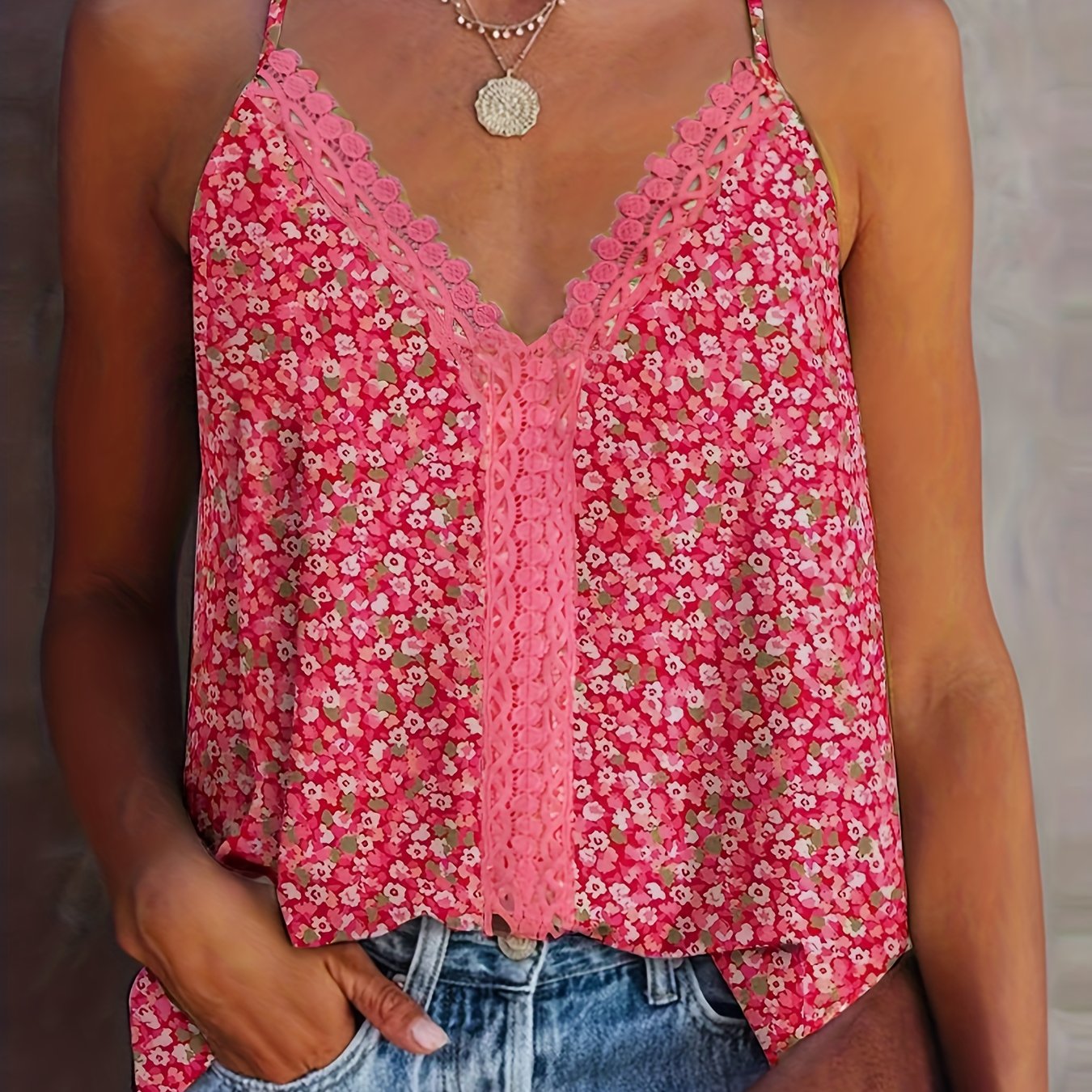 Floral Print Lace Spaghetti Strap Top V Neck Cami