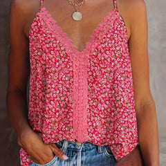 Floral Print Lace Spaghetti Strap Top V Neck Cami