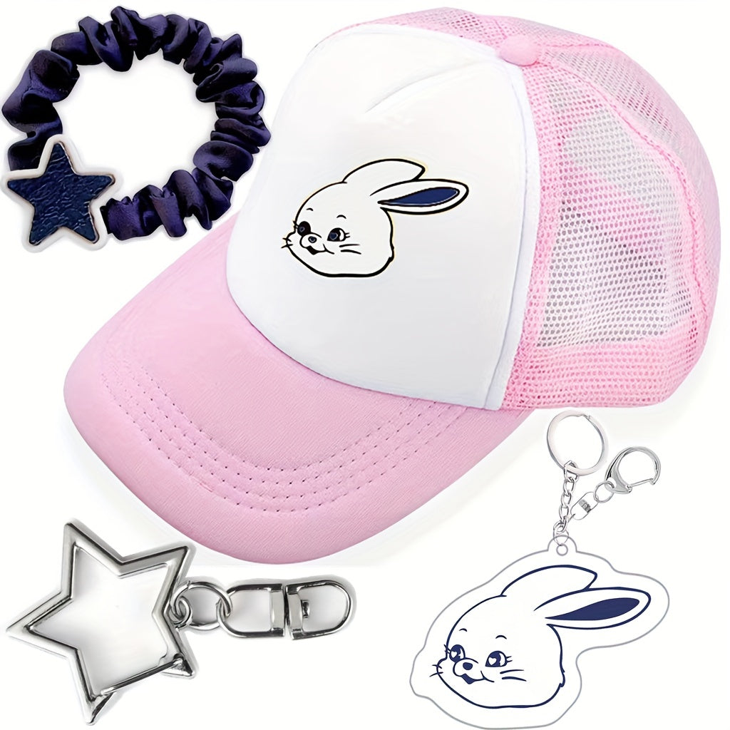 4pc Rabbit Y2K Pink Trucker Hats + 3 Hair Tie Key Ring Star Pe