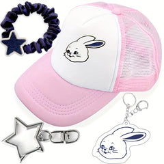 4pc Rabbit Y2K Pink Trucker Hats + 3 Hair Tie Key Ring Star Pe