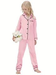 2pcs Kid's Solid Satin Pajamas Button Front Top & Pants Set