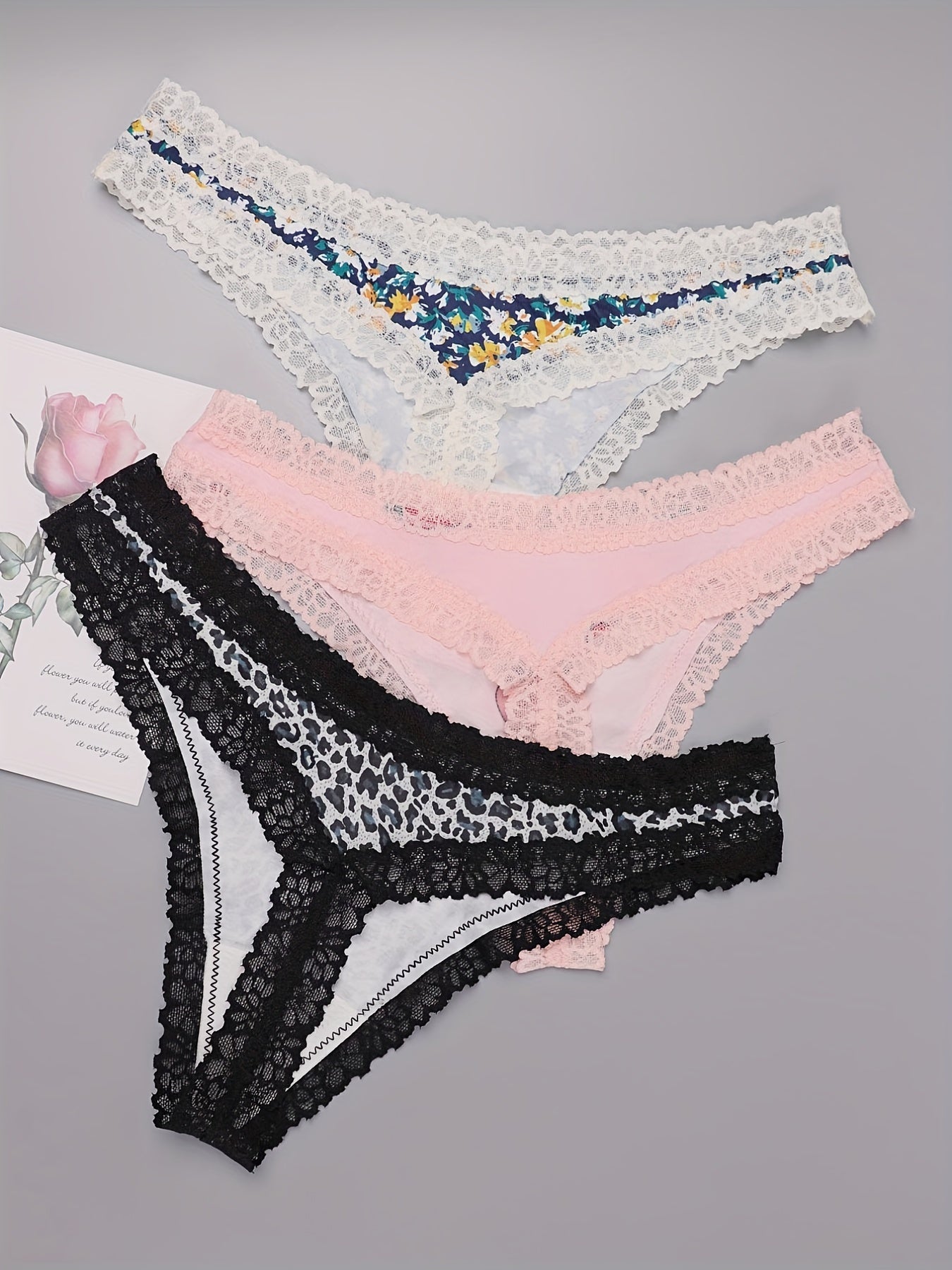 3 Pack Plus Size Lace Trim Thongs Leopard & Strawberry & Floral Print