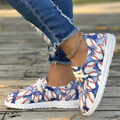 Love Heart Shape Baseball Pattern Flat Shoes Women's Shallow Mouth Casual Shoes
