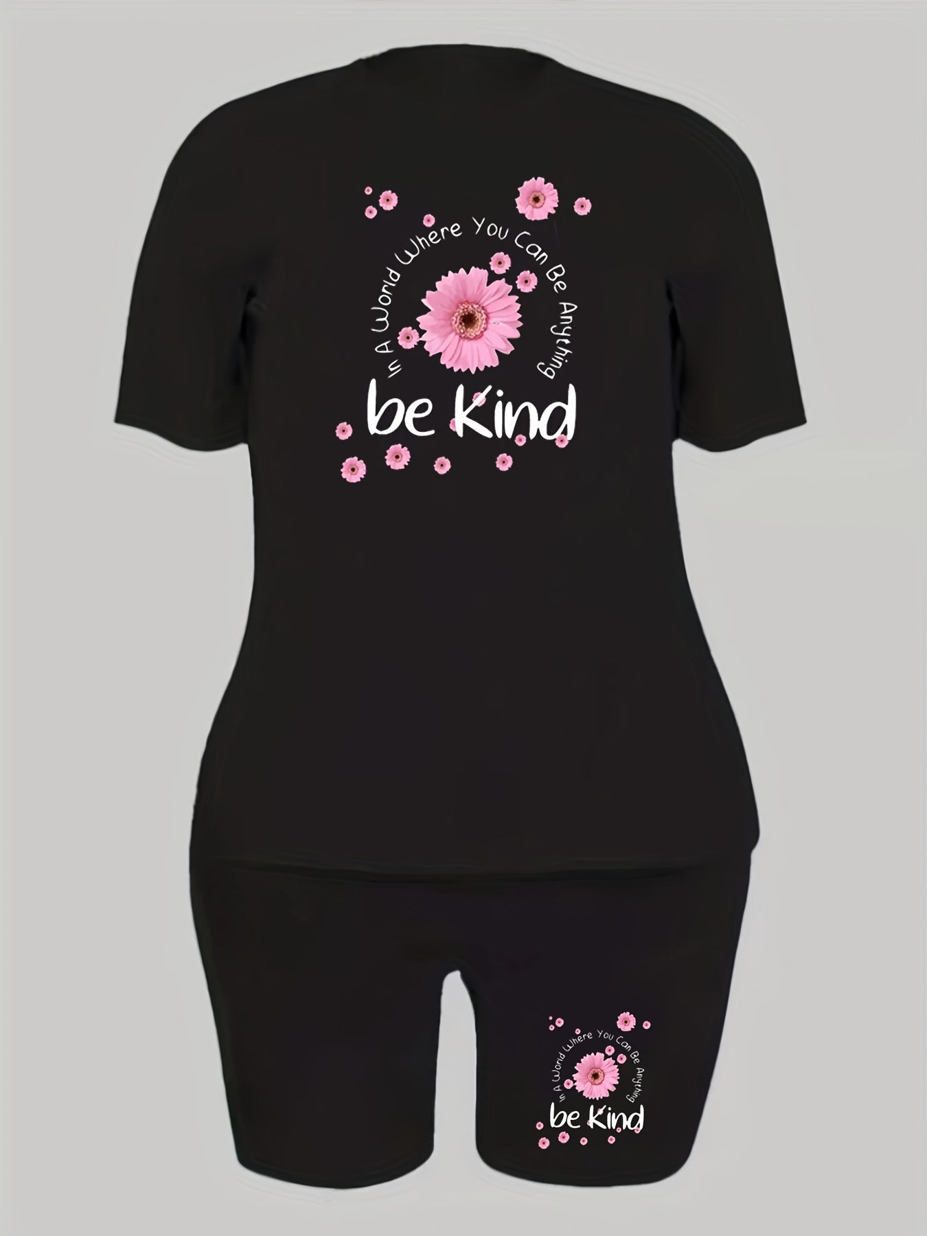 Plus Floral & Slogan Print Short Sleeve Crop Top & Shorts Set