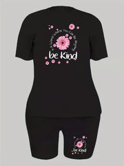 Plus Floral & Slogan Print Short Sleeve Crop Top & Shorts Set