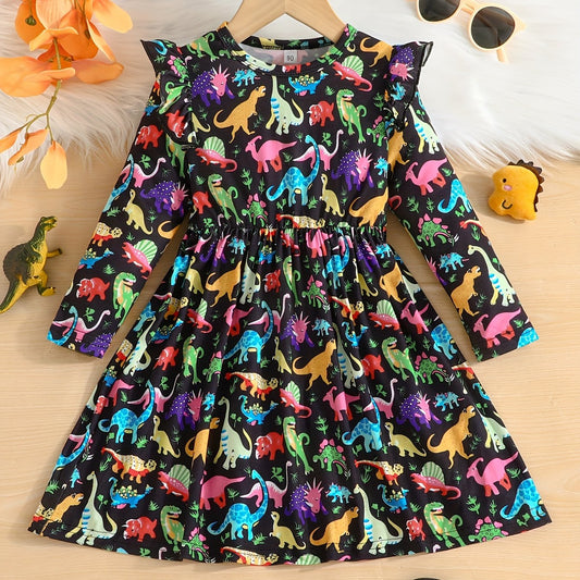 Stylish Dinosaurs Full Print Long Sleeve Dress For Girls