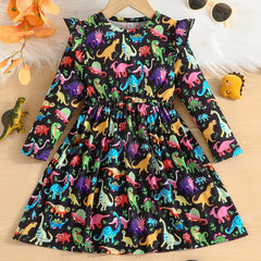 Stylish Dinosaurs Full Print Long Sleeve Dress For Girls
