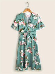 Floral Print Surplice Neck Dress Women's Clothing