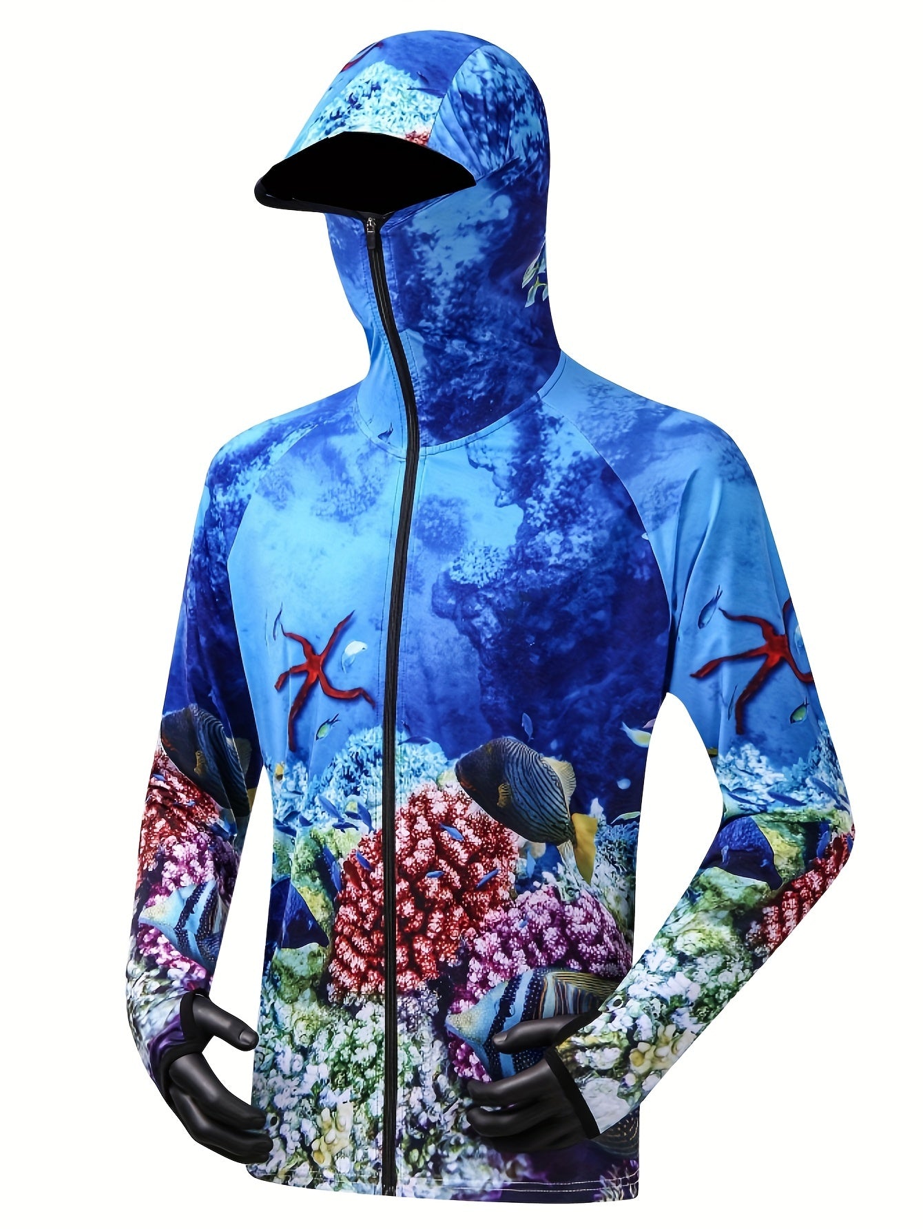 Men's Fish Pattern Block UPF 50 Sun Protection Hoodie Long Sleeve