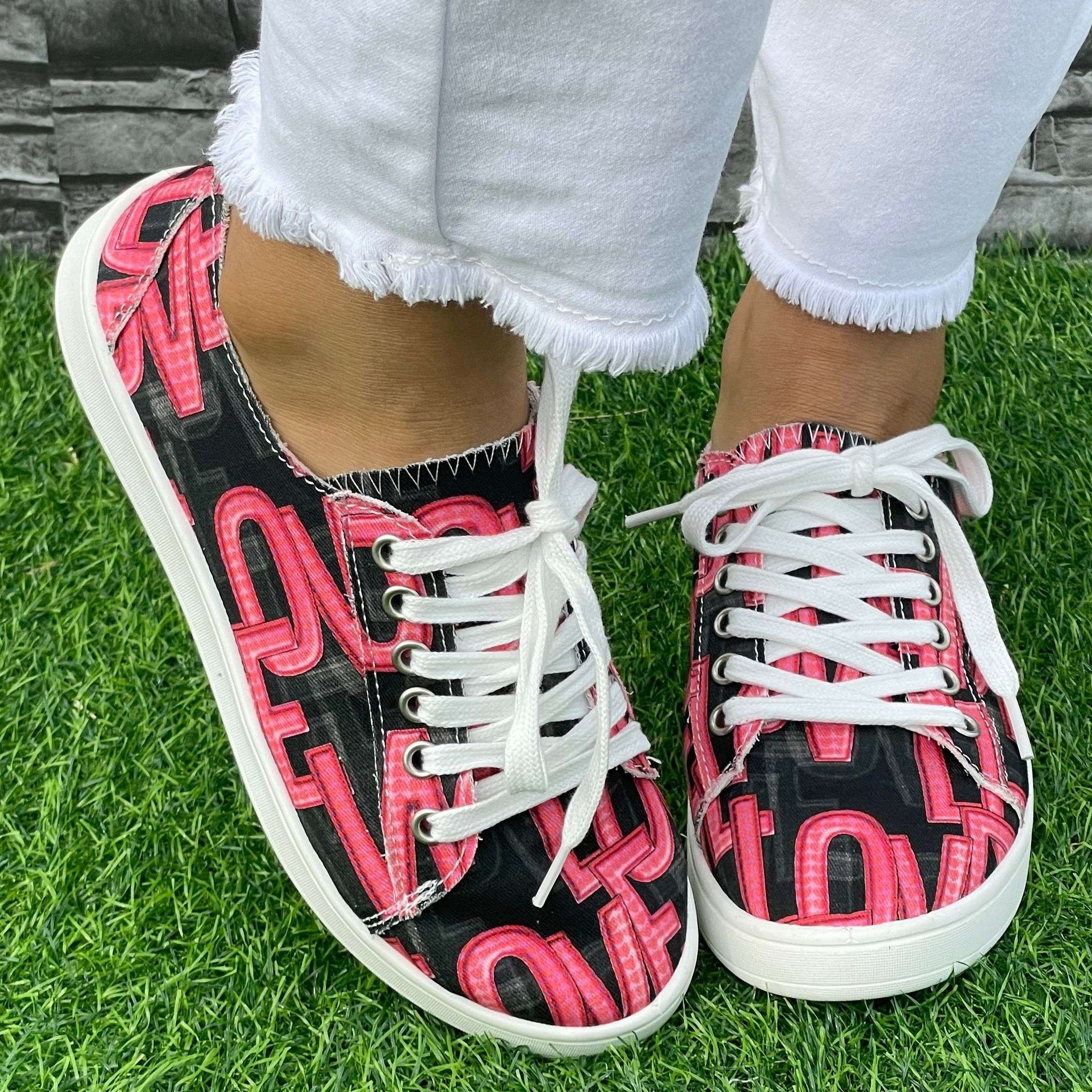 Red Letter Flat Shoes for Women Lightweight Breathable Casual Walking Shoes