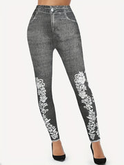 Floral Denim Print Leggings High Waist Workout Leggings