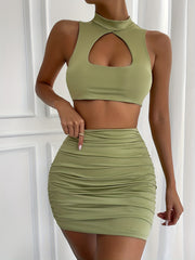 Sexy Two piece Set Cut Out Sleeveless Crop Top & Ruched Skirts