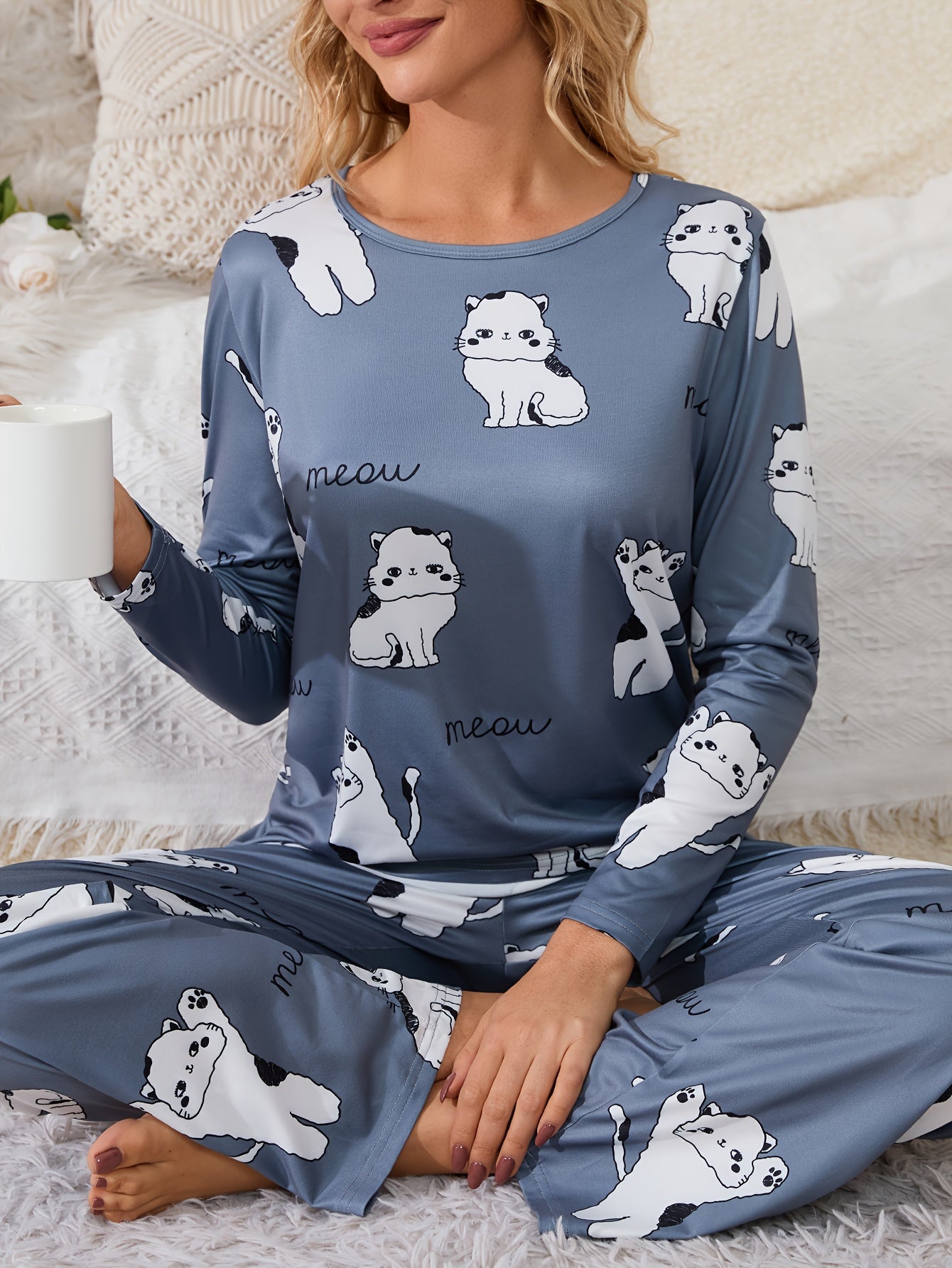 Cartoon Animal Pajama Set Long Sleeve Top & Pants Women's Sleepwear