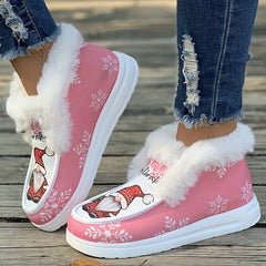 Christmas Snowflake Snowman Print Plush Lined Furry Boat Shoes