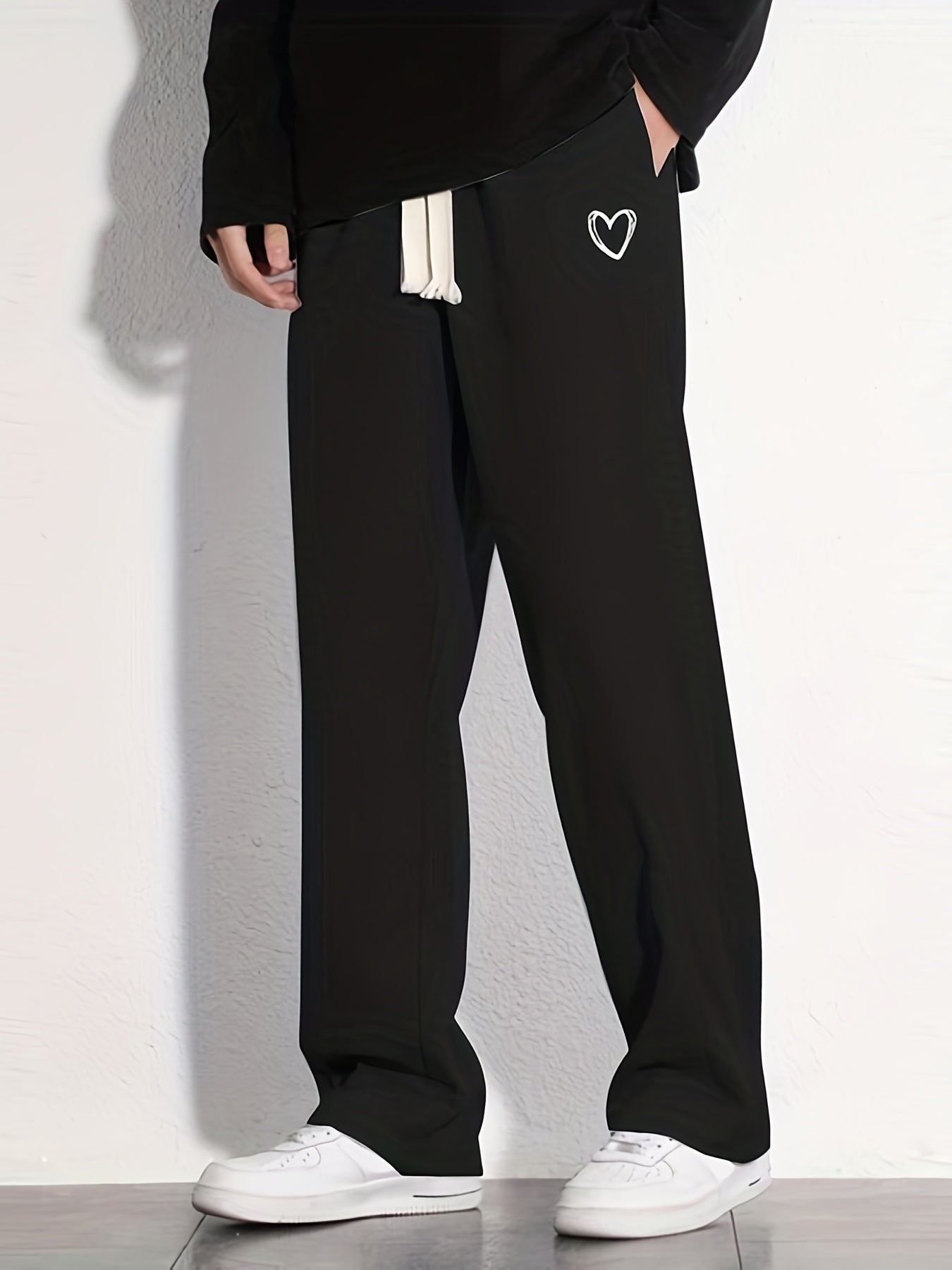 Heart Pattern Loose Fit Drawstring Pants for Men