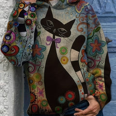 Cartoon Cat Print Hoodie Sweatshirt for Women